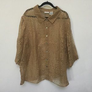White Stag Tan Mixed Animal Print Sheer Button Down Short Sleeve Size 26W/28W